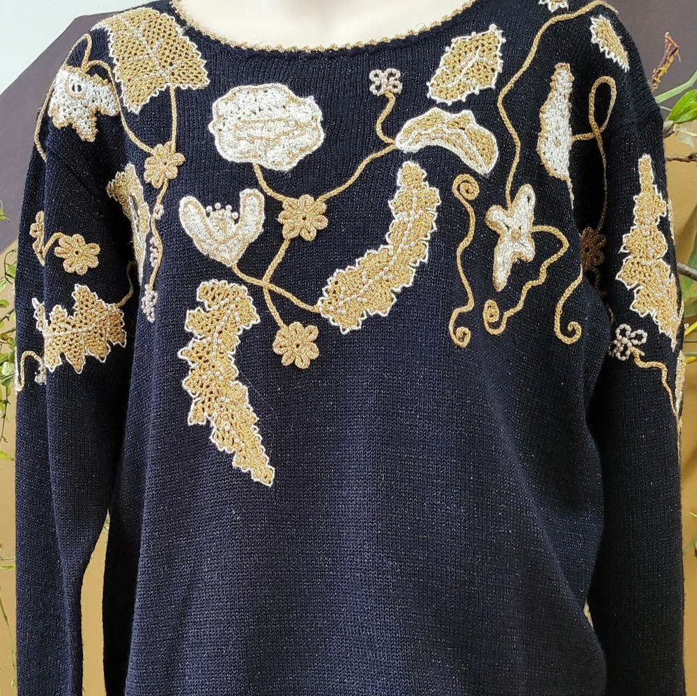 Vintage Beaded Sweater Black Shimmer  Gold Applique Pearl Beads Jocelyn Smith M - Picture 2 of 12